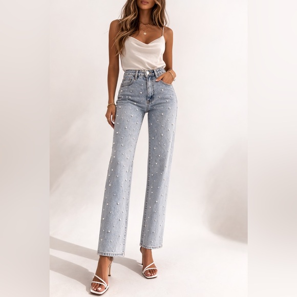 Denim - Pearl embellished straight leg statement jeans S coquette feminine spring